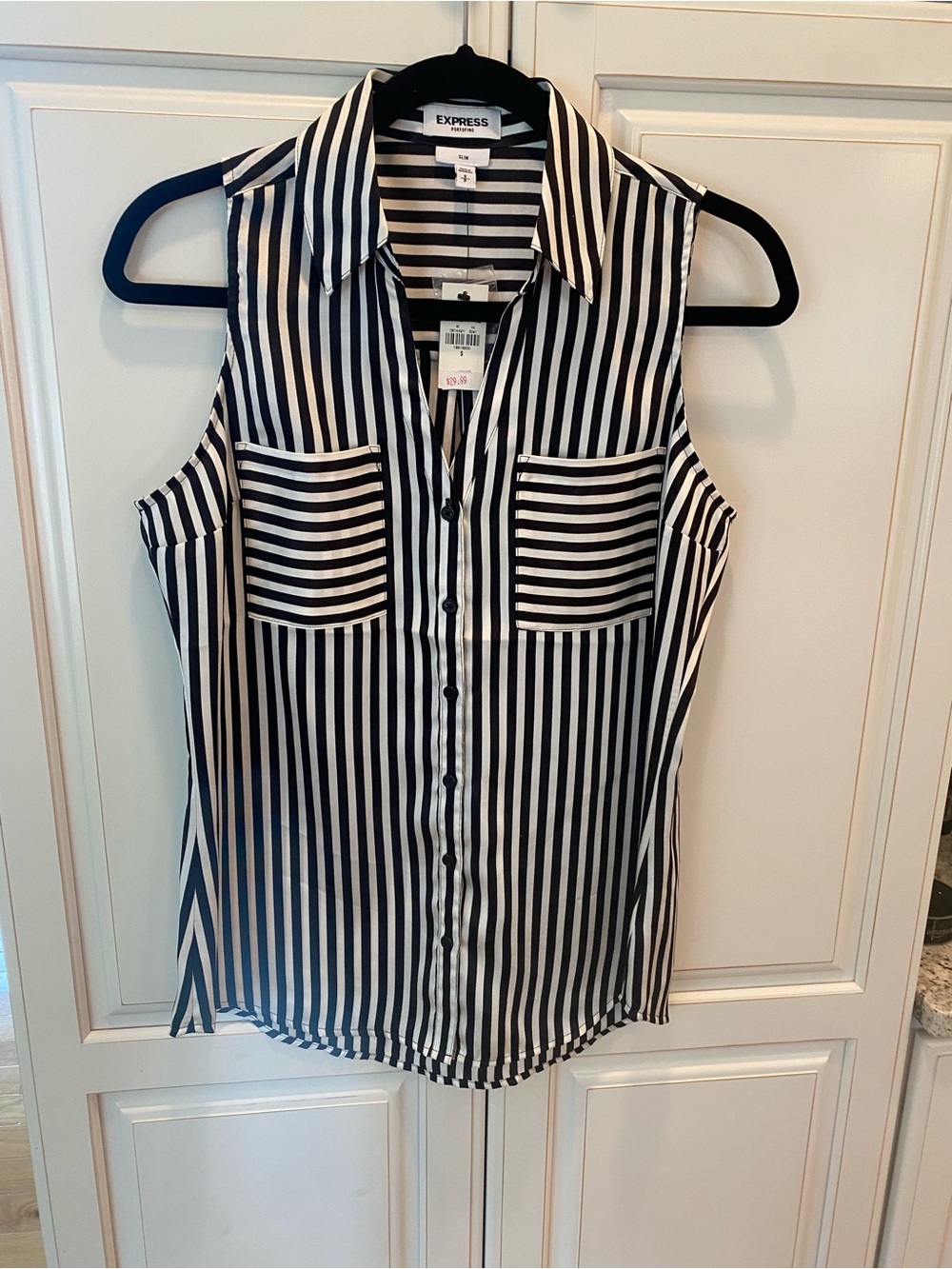 Express Black & White Vertical Stripe Sleeveless Button-Up Blouse